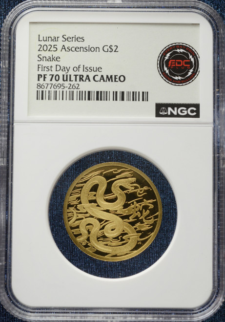 2025 Ascension Island $2 Lunar Year of the Snake – Gold – NGC PF 70 Ultra Cameo – First Day of Issue