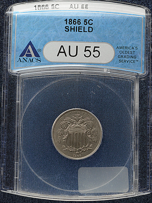 1866 Shield Nickel With Rays – 5¢ – ANACS AU 55