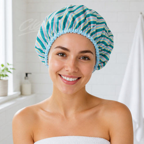 Danielle Teal Stripe Shower Cap