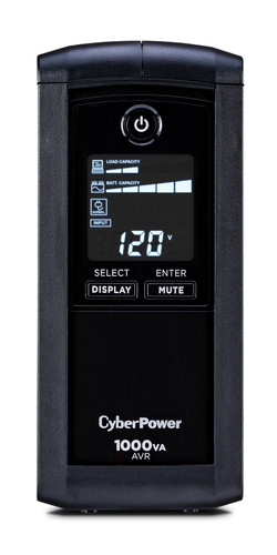 CyberPower CP1000AVRLCD 1000VA 600W line-interactive mini-tower UPS with LCD and AVR, front view