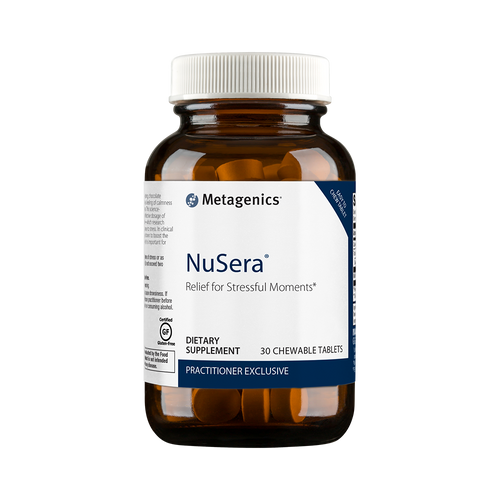 NuSera is a chocolate-flavored, chewable tablet containing Lactium, that supports a healthy response to stress. This chewable helps to promote a feeling of calmness and relaxation during periods of acute stress.