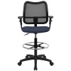 Mid-Back Mesh Drafting Stool with Navy Blue Fabric Seat and Arms , #FF-0525-14