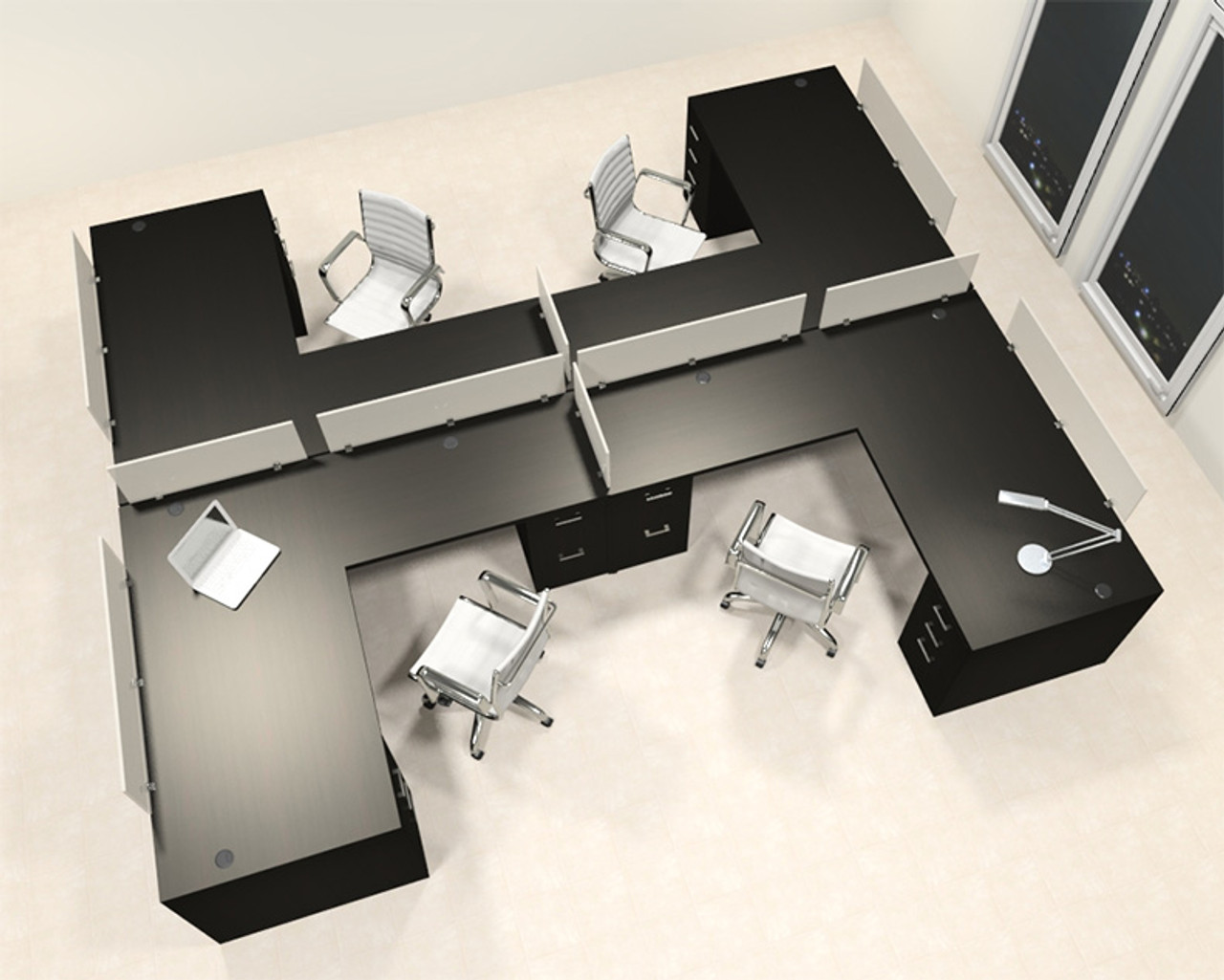 Four Person L Shaped Modern Divider Office Workstation Desk Set, #CH-AMB-SP48