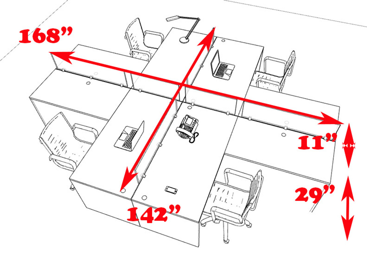 Four Persons L Shaped Office Divider Workstation Desk Set, #CH-AMB-FP42