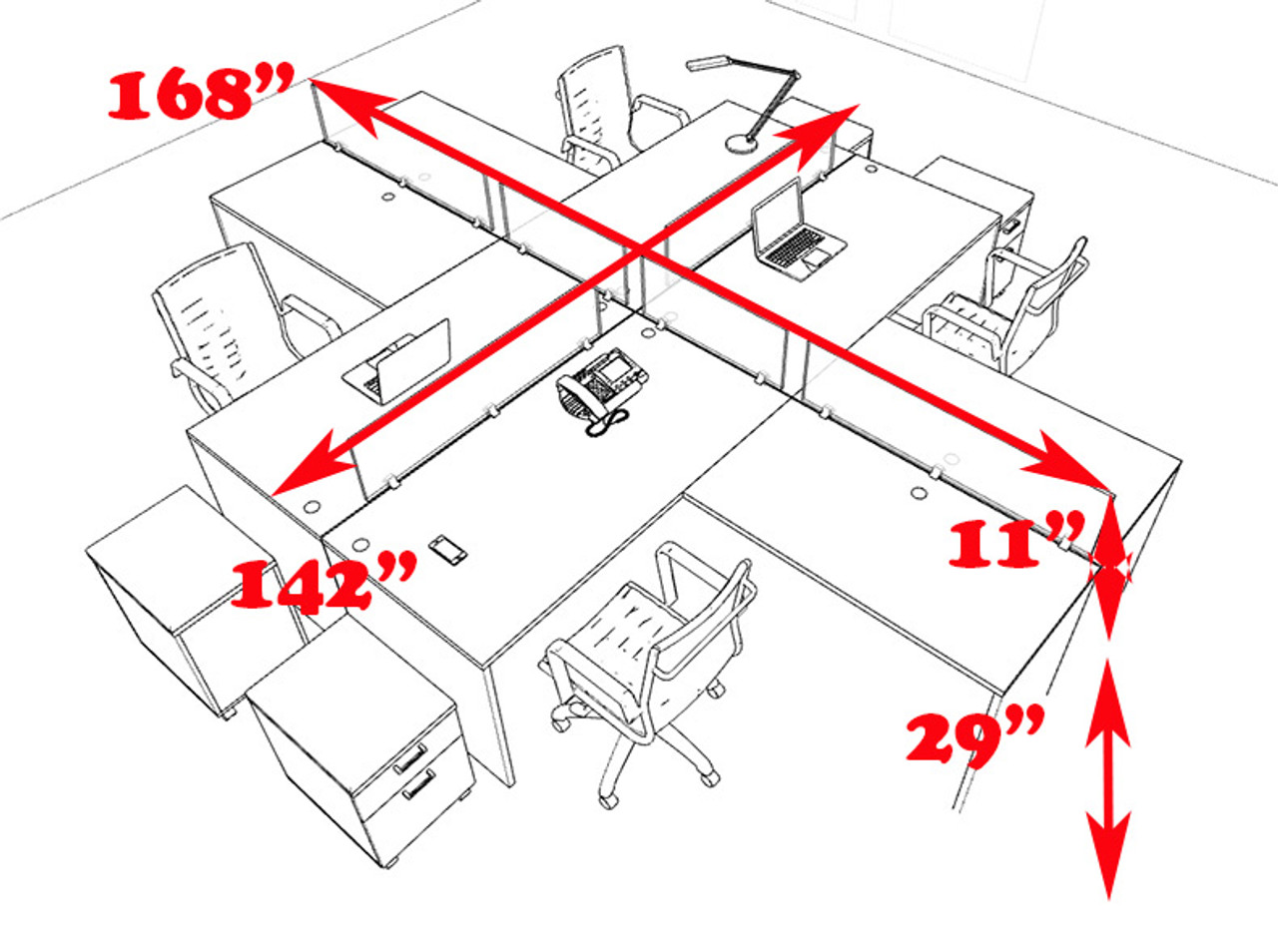 Four Persons L Shaped Office Divider Workstation Desk Set, #CH-AMB-FP46