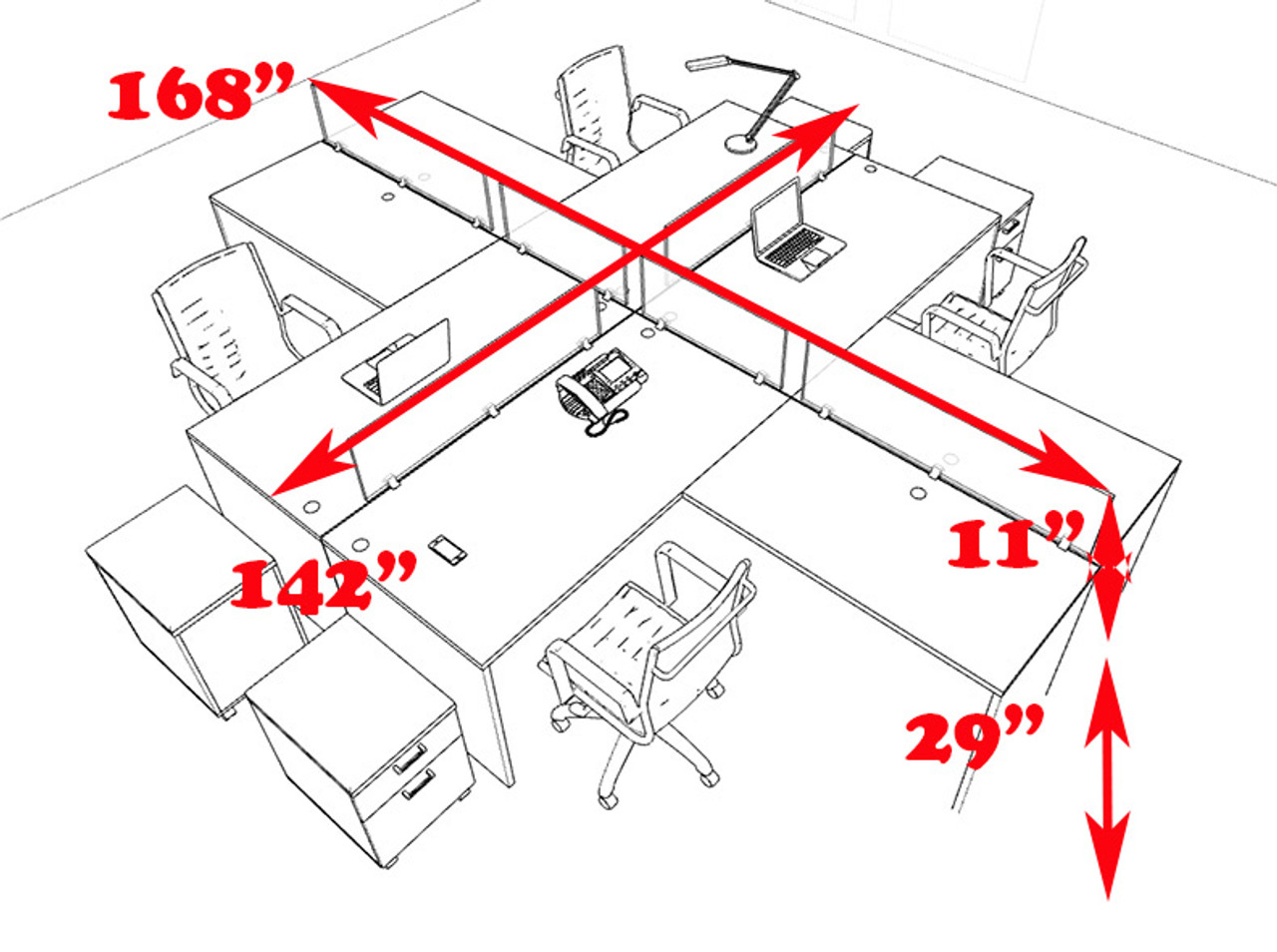 Four Persons L Shaped Office Divider Workstation Desk Set, #CH-AMB-FP50