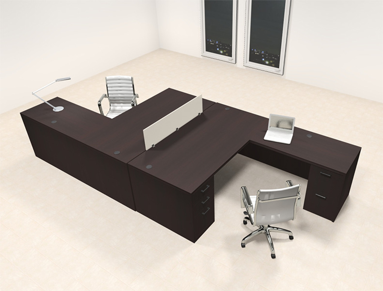 two person desk with divider