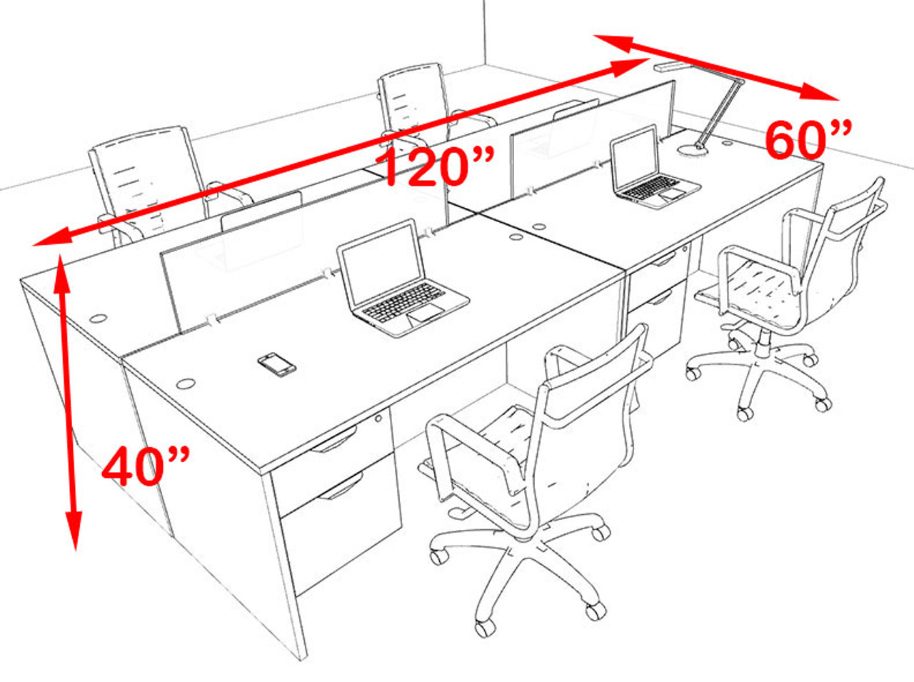 Four Person Orange Divider Office Workstation Desk Set, #OT-SUL-FPO17