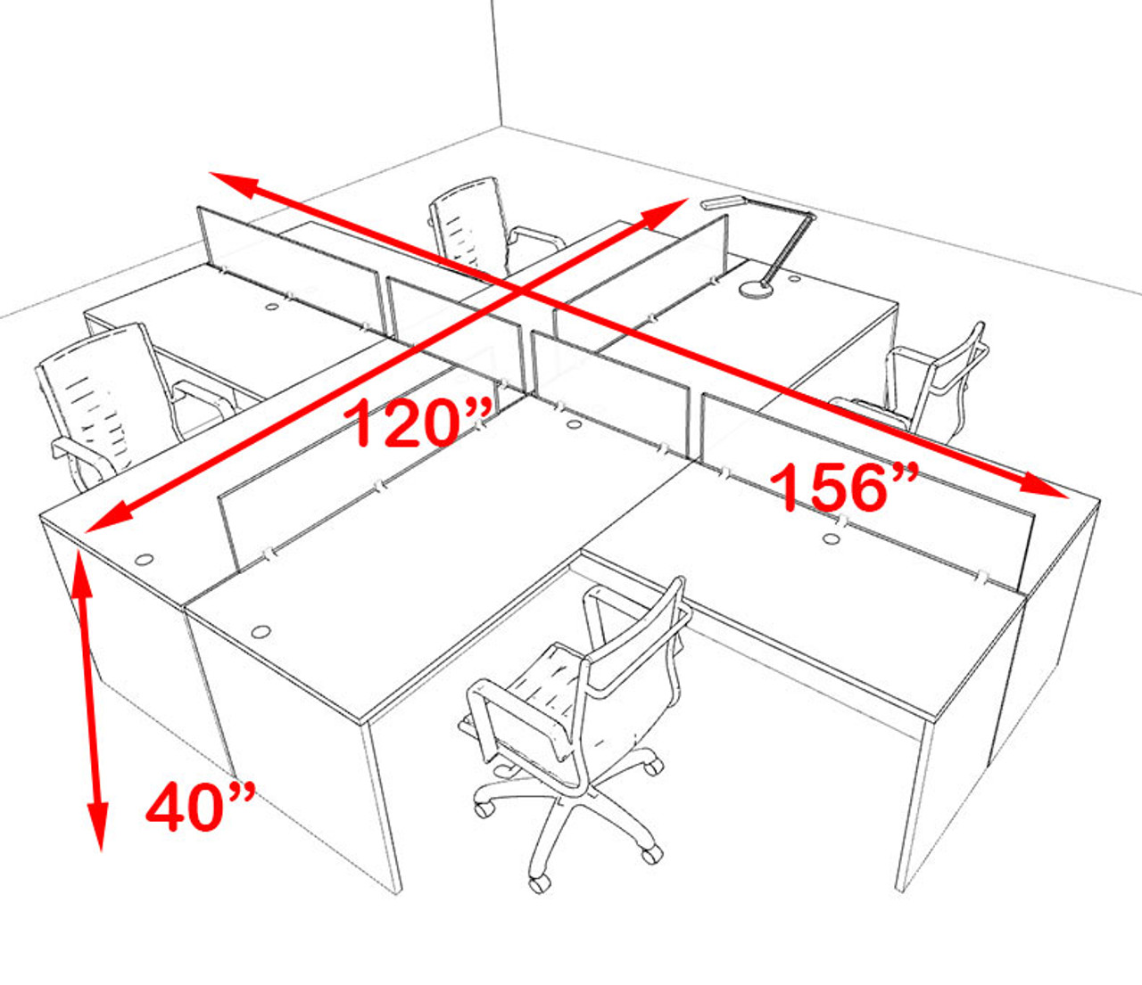 Four Person Orange Divider Office Workstation Desk Set, #OT-SUL-FPO30