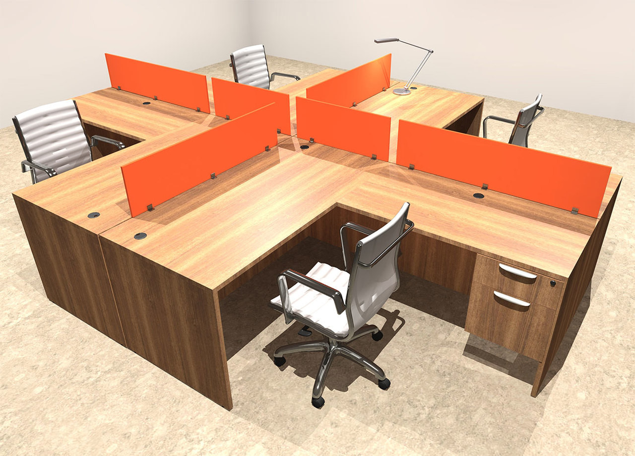 Four Person Orange Divider Office Workstation Desk Set, #OT-SUL-FPO41