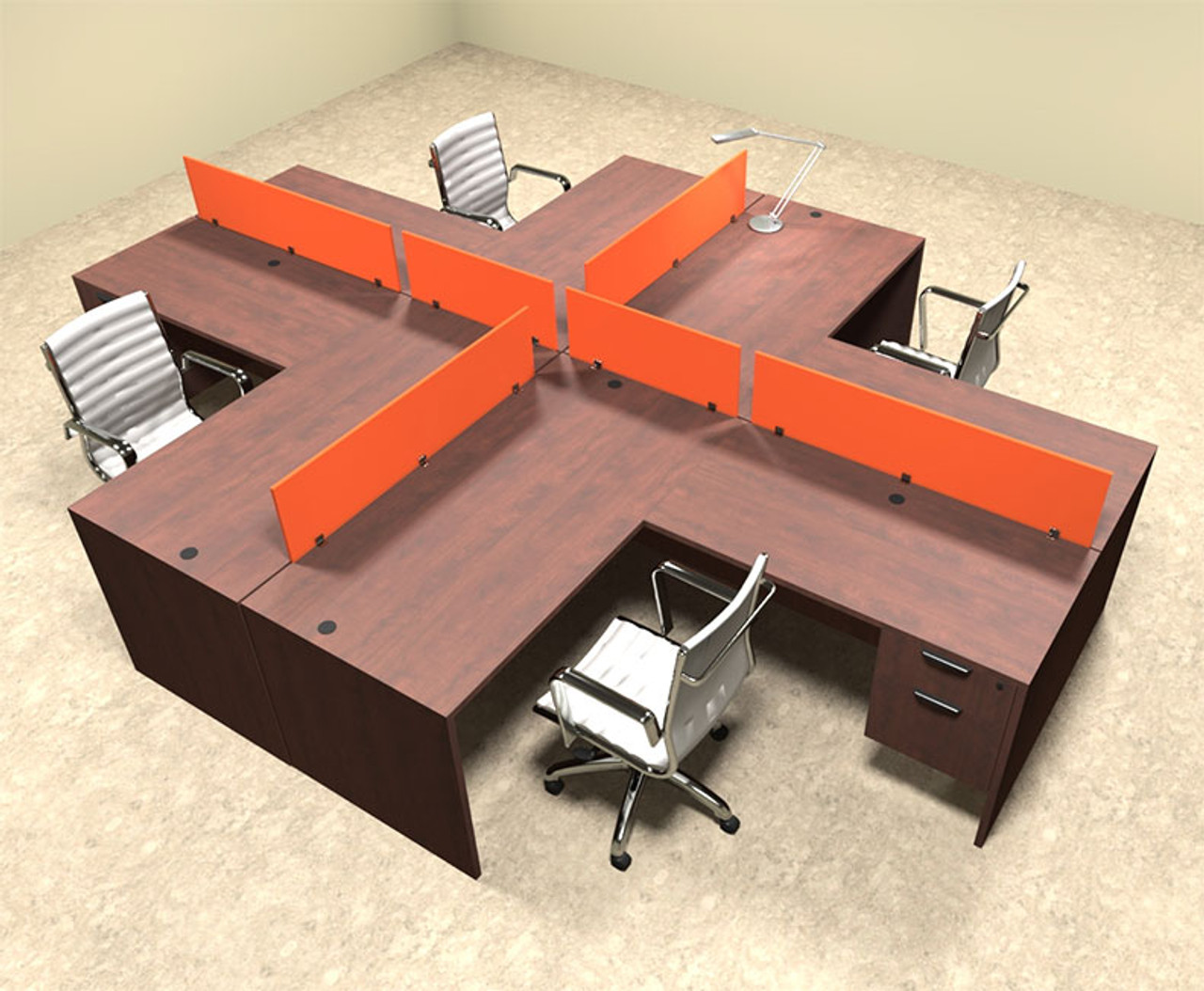 Four Person Orange Divider Office Workstation Desk Set, #OT-SUL-FPO42