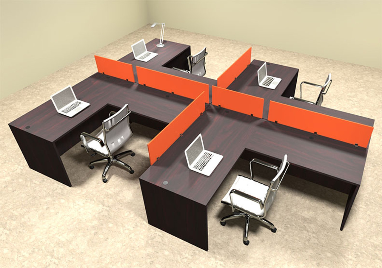 Four Person Orange Divider Office Workstation Desk Set, #OT-SUL-SPO47