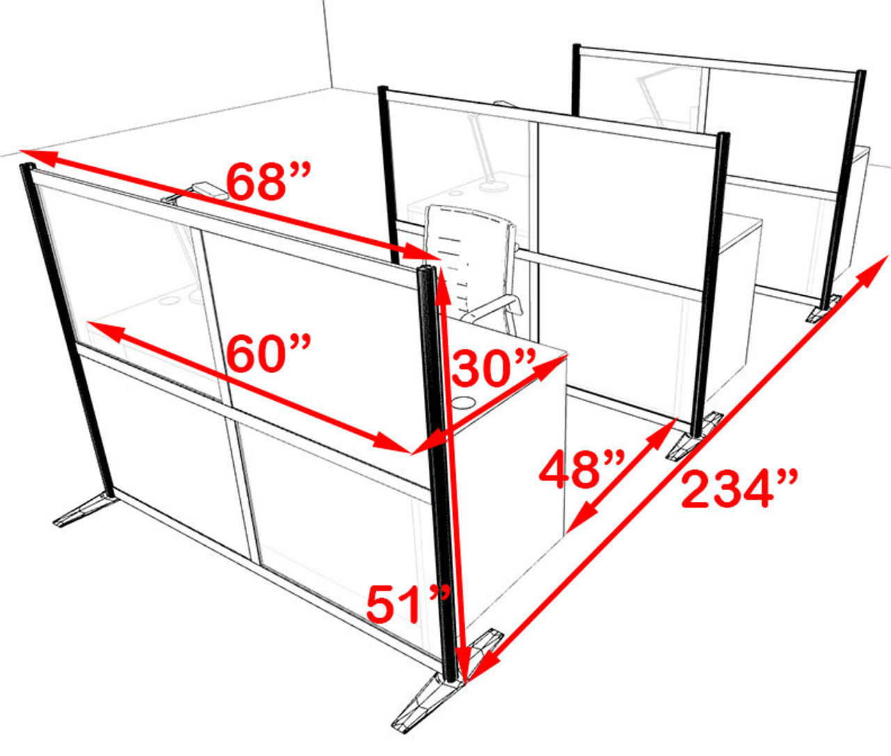 Three Person Workstation w/Acrylic Aluminum Privacy Panel, #OT-SUL-HPB33