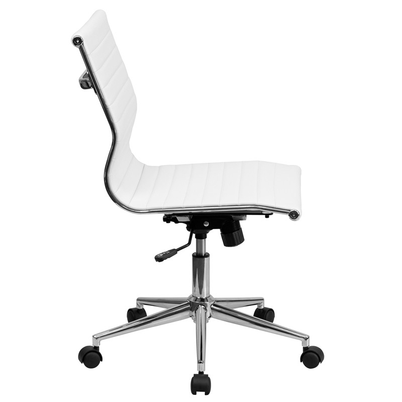 Mid-Back Armless White Ribbed Upholstered Leather Conference Chair