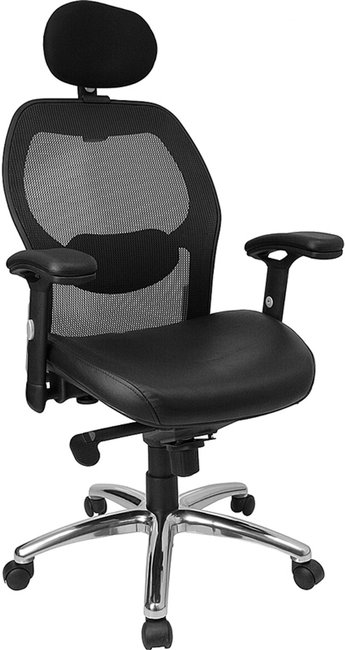 High Back Super Mesh Office Chair with Black Italian Leather Seat and Knee Tilt Control , #FF-0030-14