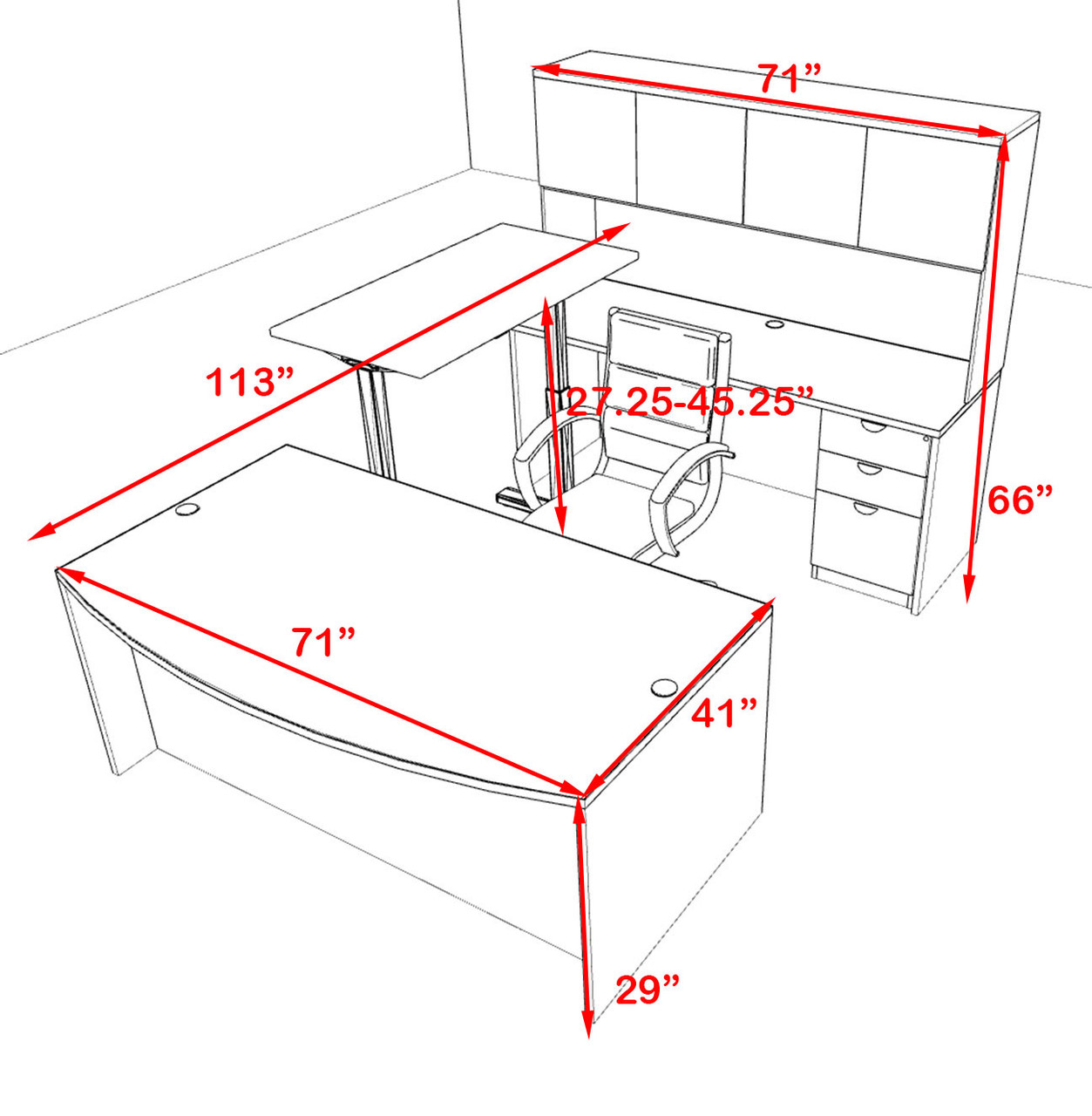 5PC U Shape Modern Executive Office Desk w/Height Adjustable Desk, OT-SUL-UH15