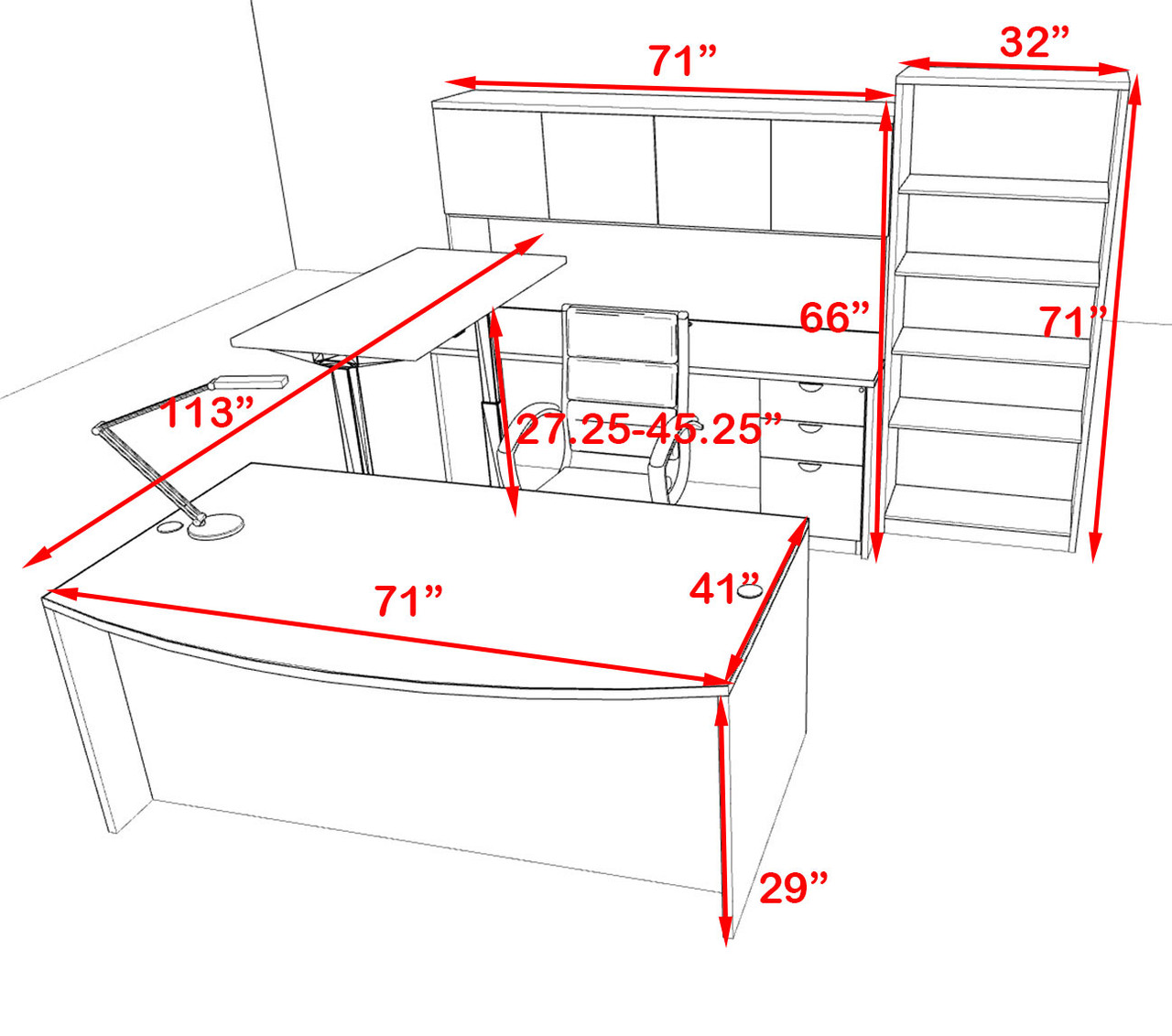 6PC U Shape Modern Executive Office Desk w/Height Adjustable Desk, OT-SUL-UH32