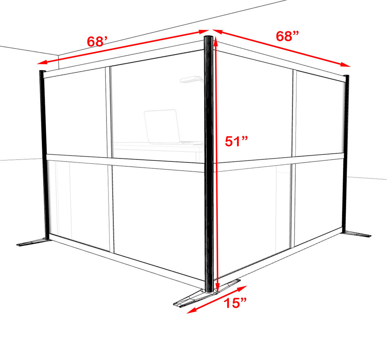 One L Shaped Loft Modern Office Home Aluminum Frame Partition / Divider / Sneeze Guard, #UT-ALU-P28-C