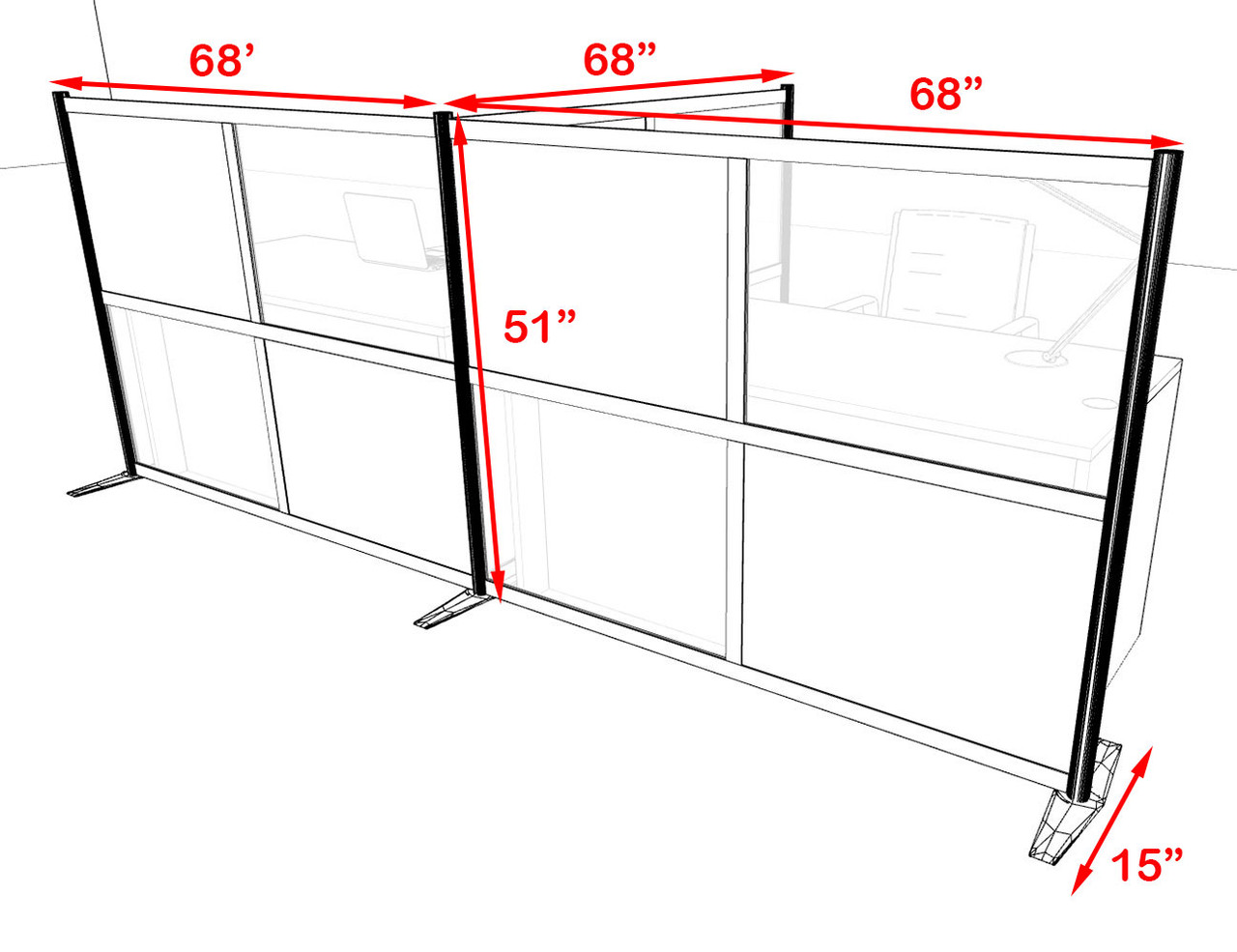 One T Shaped Loft Modern Office Home Aluminum Frame Partition / Divider / Sneeze Guard, #UT-ALU-P50-B