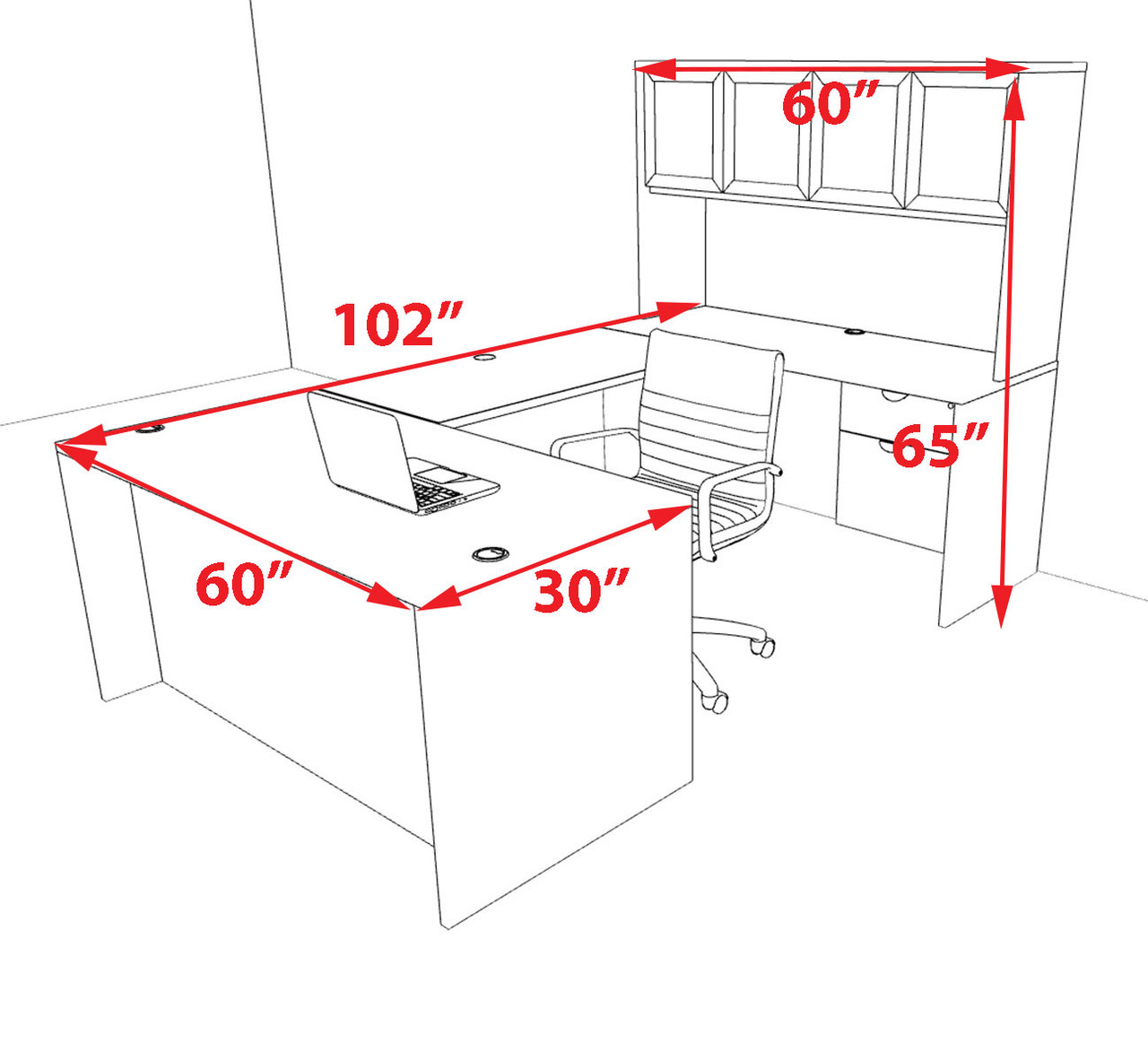 5pcs U Shaped 60"w X 102"d Modern Executive Office Desk, #OT-SUS-U78