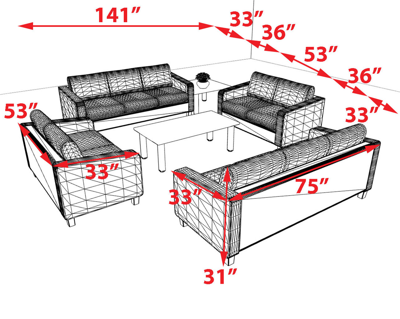 4pcs 10 Person Modern Office LeatherSoft LOVE + SOFA Set, #OT-LOS-LSF3