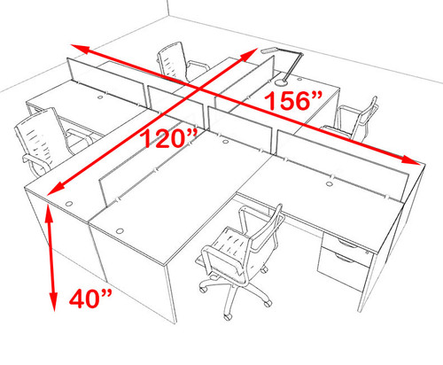 Four Person Orange Divider Office Workstation Desk Set, #OT-SUL-FPO42