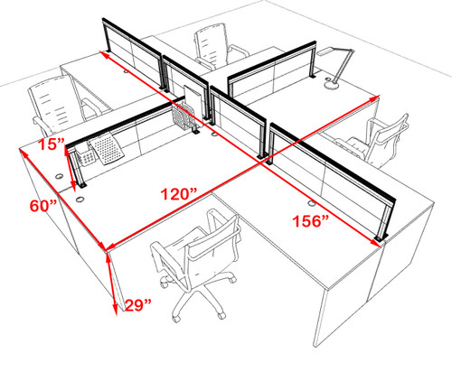 Four Person L Shape Modern Aluminum Organizer Divider Office Workstation Desk Set, #OT-SUL-FPS56