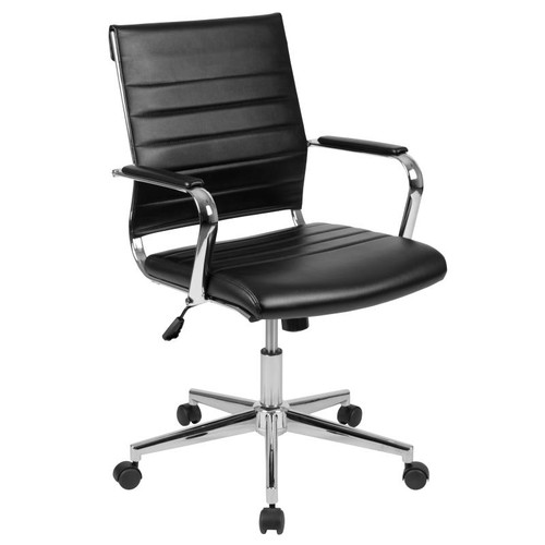 Mid-Back Black Ribbed Upholstered Leather Conference Chair , #FF-0167-2