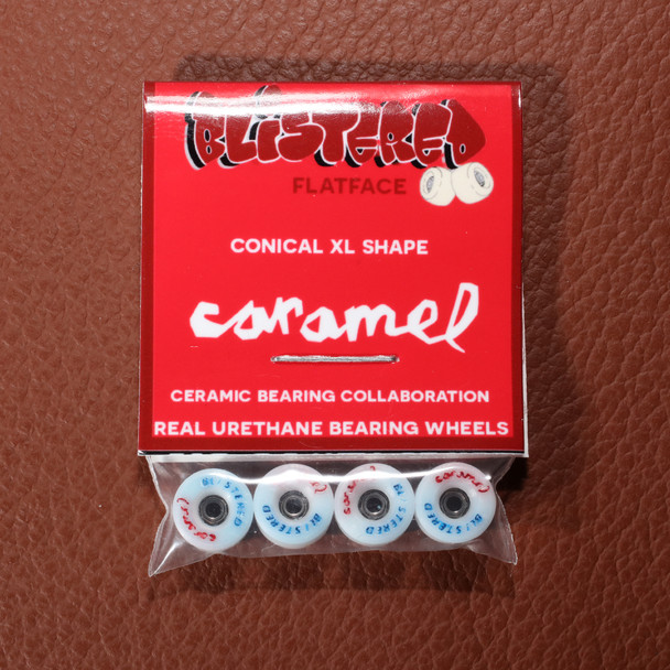 Blistered Wheels - Caramel Ceramic Bearing - White + Red and Blue Text