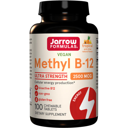 Peach label with orange font reading METHYL B-12 2500 MCG TROPICAL 100 LOZENGES Jarrow