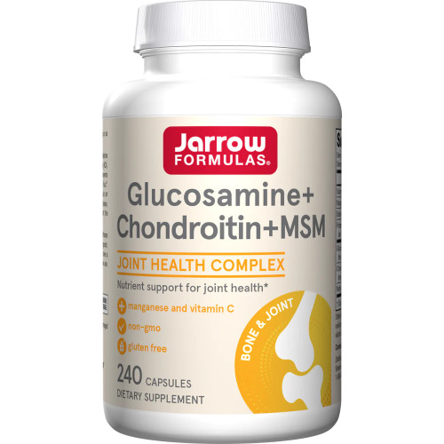 Cream label on white bottle with yellow font reading GLUCOSAMINE+CHONDROITIN+MSM 240 CAPSULES