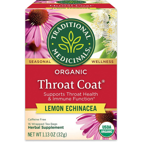 ORGANIC THROAT COAT LEMON ECHINACEA 16 TEA BAGS Traditional Medicinals