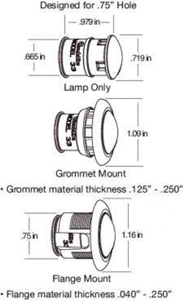 33 Series, LED, Yellow Round, 1 Diode, Marker Clearance Light, P2, Black Rubber Grommet Mount, Hardwired, .180 Bullet Terminal, 12V, Kit, Bulk