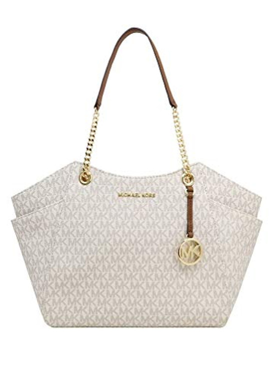 MICHAEL Michael Kors Women's Jet Set Travel Saffiano Large Chain Shoulder  Tote, Style 35T5GTVT3L (Vanilla PVC/Strap Logo)