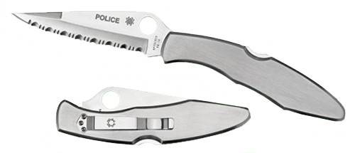 Spyderco Police Model Folding Knife C07S, 4.13" Hollow-Ground VG-10 Part Serrated Blade, Stainless Steel Handle
