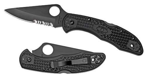 Spyderco Delica 4 Folding Knife C11PSBBK 2.88" Part Serrated Black TiCN VG-10 Blade Black FRN Handle with Four-Way Clip