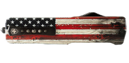 Templar Knife Premium Weighted Wood US Flag Slim 3" OTF Tanto Part Serrated Black Oxide Stonewashed Powder Coated D2 Steel Blade, 4.50" Painted Wood Grain US Flag Aluminum Zinc Alloy Handle