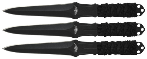 Uzi UZKTRW003 Throwing Knives III 3" Fixed Plain Black Stainless Steel Balanced Blades with Nylon Cord Handle Wrap