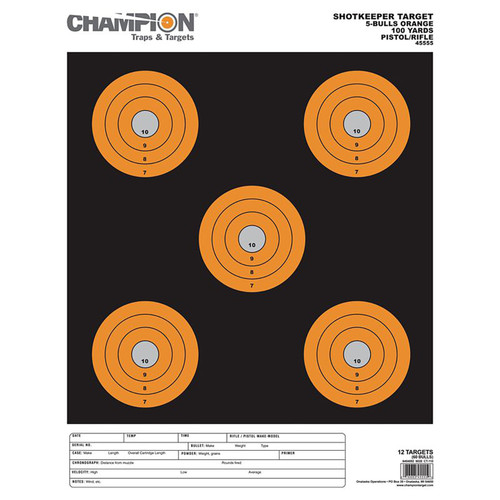 Champion Shotkeeper 45555 Pistol/Rifle Paper Target Black/Orange 5" Bullseye Large 12-Pack