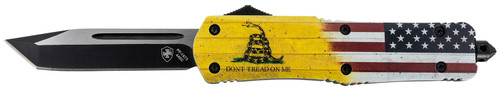 Templar Gen II LDTOM231 Don't Tread On Me OTF Large Tanto Knife, 3.50" Black Oxide 440C Blade, 5.25" Yellow w/Flag Aluminum Handle with Glass Breaker