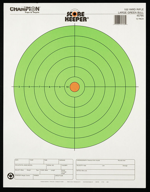 Champion 12-Pack Score Keeper Fluorescent Bullseye Large Rifle Paper Target 100 Yards