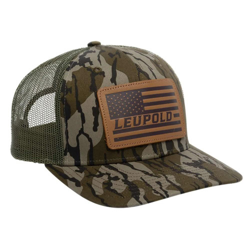 Leupold Leather Flag Snapback Trucker Hat Green & Mossy Oak Bottomland Camo