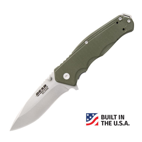 Bear & Son Folding Sideliner G10 Knife 3-3/8" Drop Point Blade OD Green - Boxed