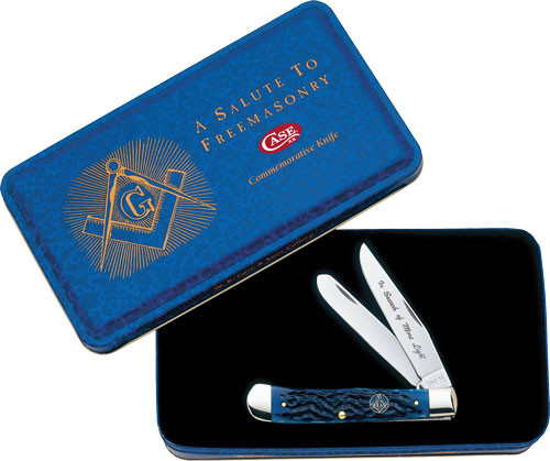 Case Standard Jig Blue Bone Trapper Pocket Knife Masonic Tin