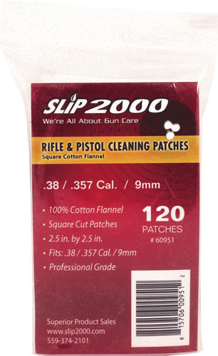 Slip 2000 2.5" Square Cleaning Patches for .38/.357/9mm – 120 Count