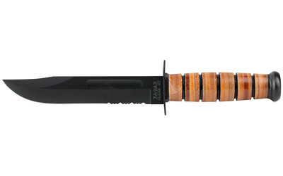 KA-BAR 1219CP Army Fixed Blade Knife, 7" Partially Serrated Clip Point, 1095 Cro-Van Steel, Brown Leather Handle, Clamshell Packaging