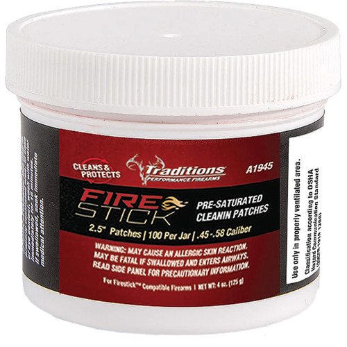 Traditions Firestick Saturated Bore Cleaning Patches .45-58 Cal, 100 per Jar