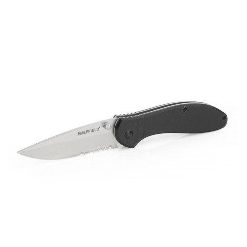 Sheffield Berda 3in Drop Point Assist Open Folding Knife Partially Serrated G10 Handle