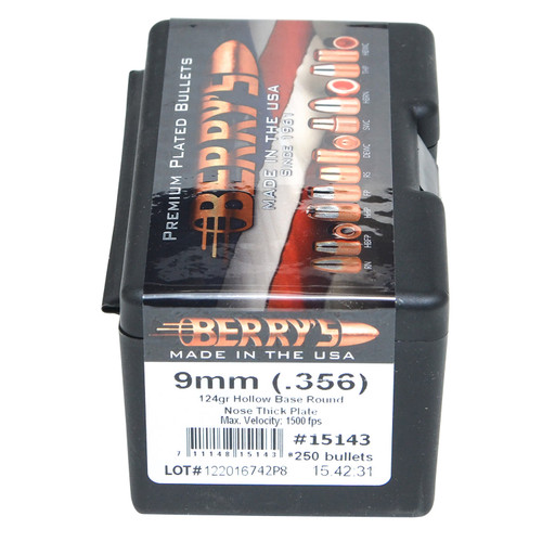 Berry's 15143 Superior Pistol 9mm/.356 124gr Hollow Base Round Nose Thick Plate Bullets 250/Box