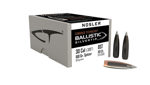 Nosler Ballistic Silvertip 30 Cal 168gr Spitzer Point Reloading Bullets 50/Box